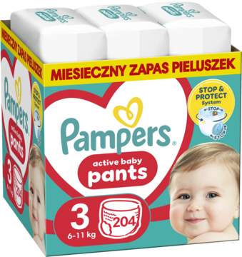 PAMPERS Active Baby pieluchomajtki 6 11kg rozmiar 3 204 szt